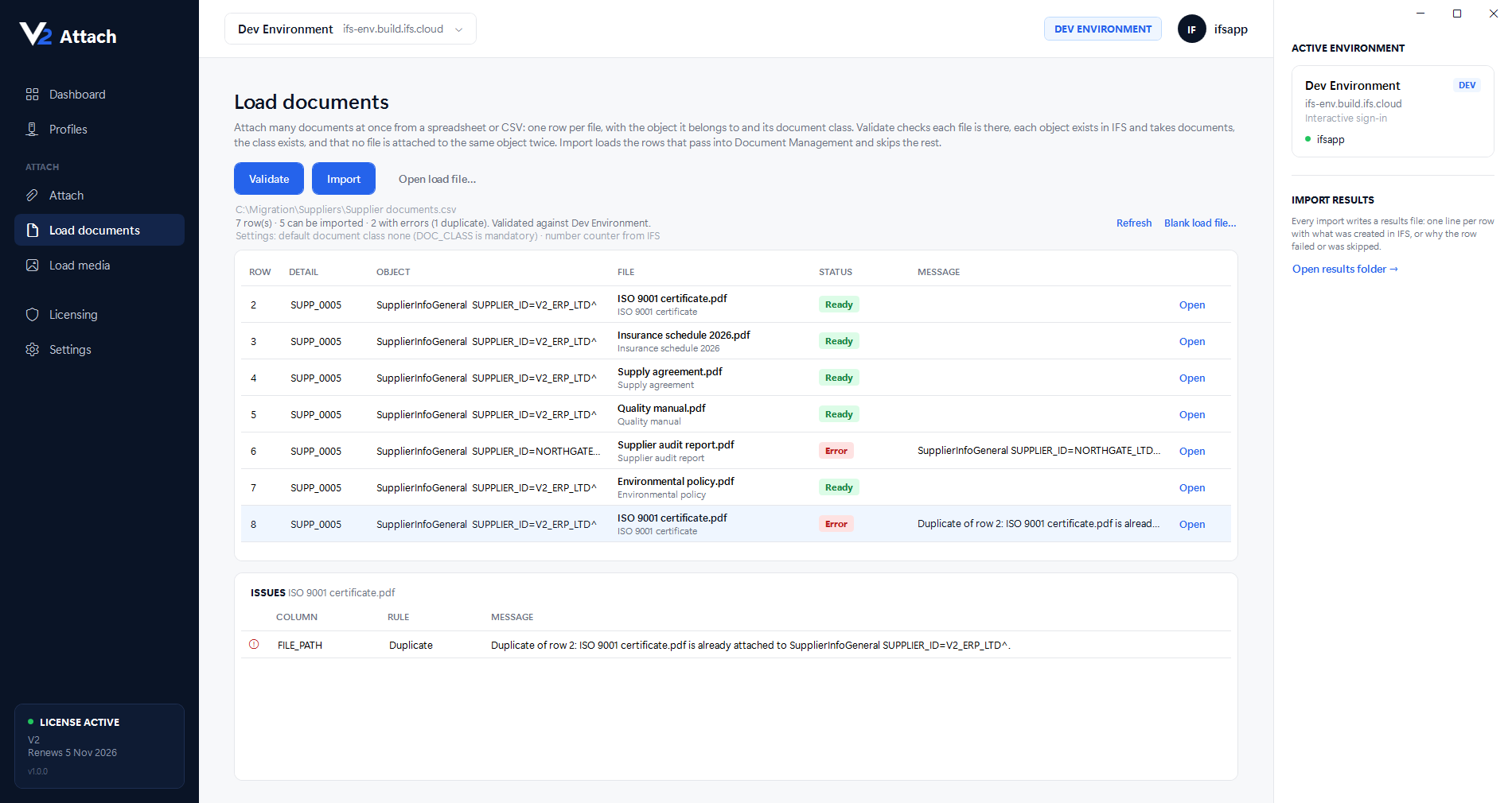 The Load documents page after validation: seven rows from a load file, five marked Ready and two marked Error — one for a supplier that doesn't exist in IFS and one duplicate — with the Issues panel explaining the duplicate.