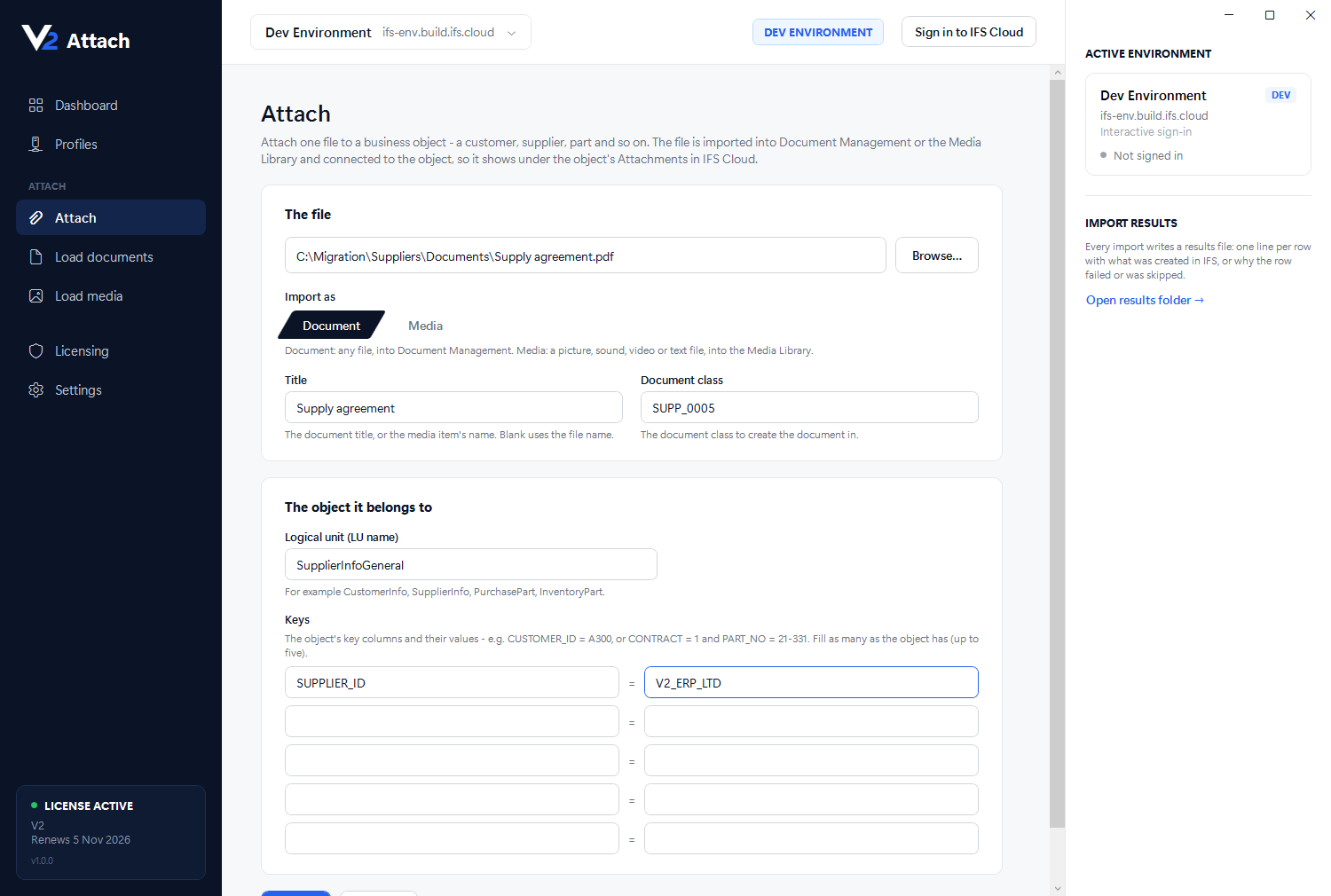 The Attach page for a single file: the file, whether it is a document or media, its title and document class, and the logical unit and keys of the object it belongs to.