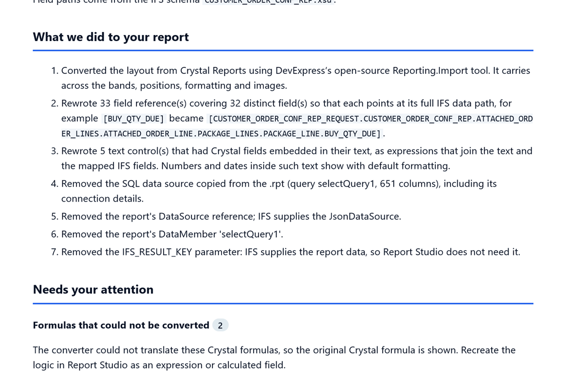 What we did to your report: a numbered list of every change made, from rewriting field references to removing the old SQL data source.