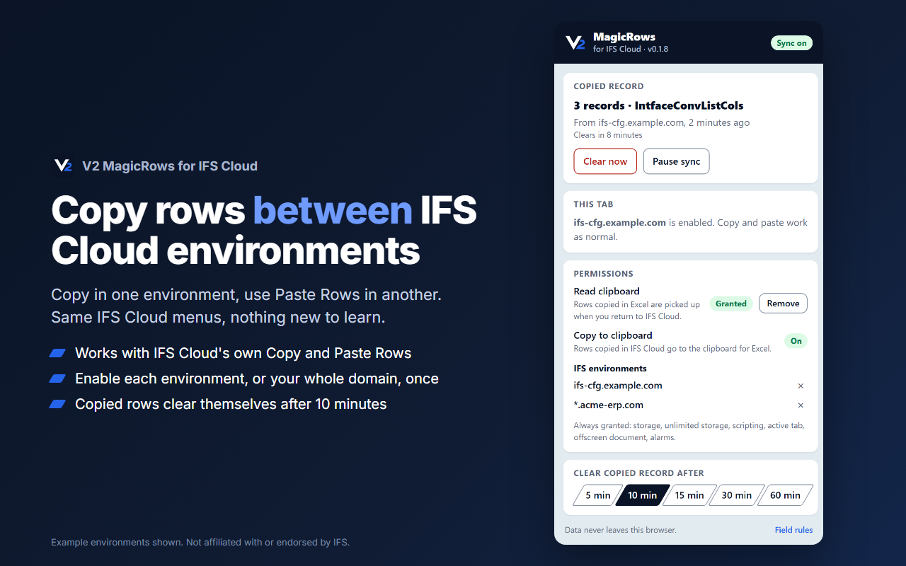 Copy rows between IFS Cloud environments: the V2 MagicRows popup showing three copied records from a CFG environment, the enabled environments and how long copied rows are kept.