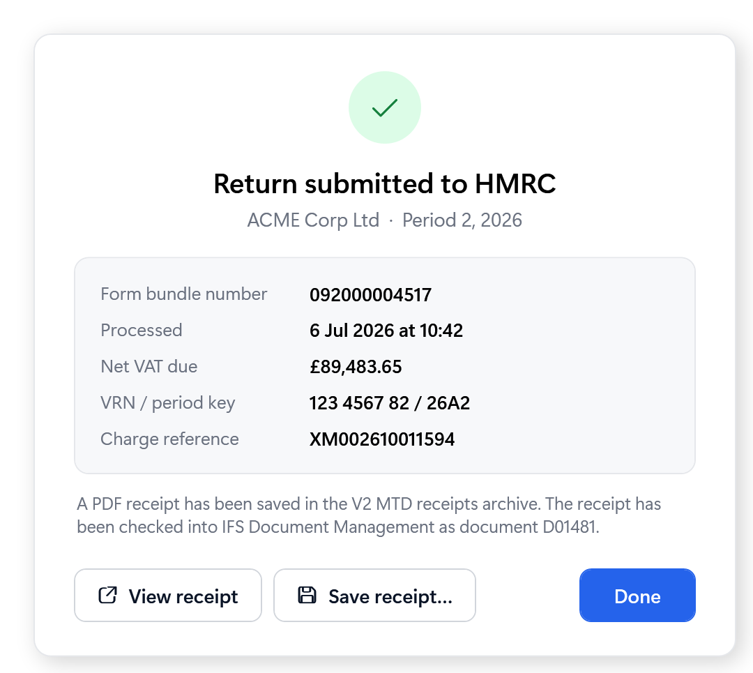 A confirmation dialog showing the return was submitted to HMRC, with the form bundle number, processing time and net VAT due, confirming the receipt was checked into IFS Document Management as a numbered document.