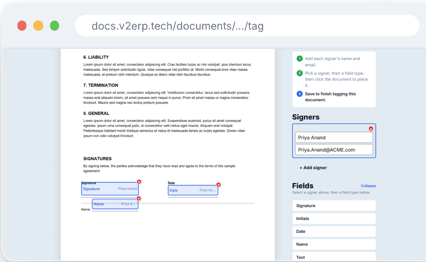 Tagging a document for signature: adding a signer's name and email, then placing signature, date and name fields directly onto the document.