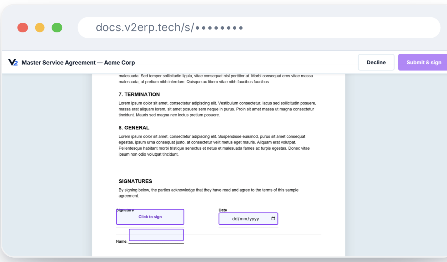 The signing experience a recipient sees: the document with a Click to sign field, and Decline or Submit and sign buttons.